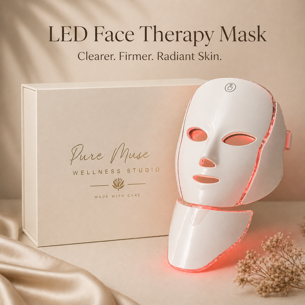 LED face therapy mask with packaging and text on a beige background